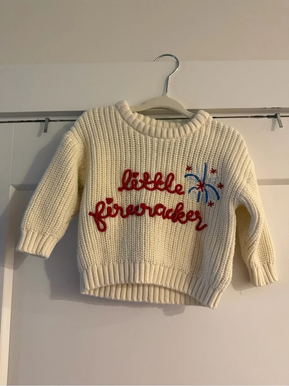 Old Navy Cream Knit Sweater with Red & Blue Embroidery